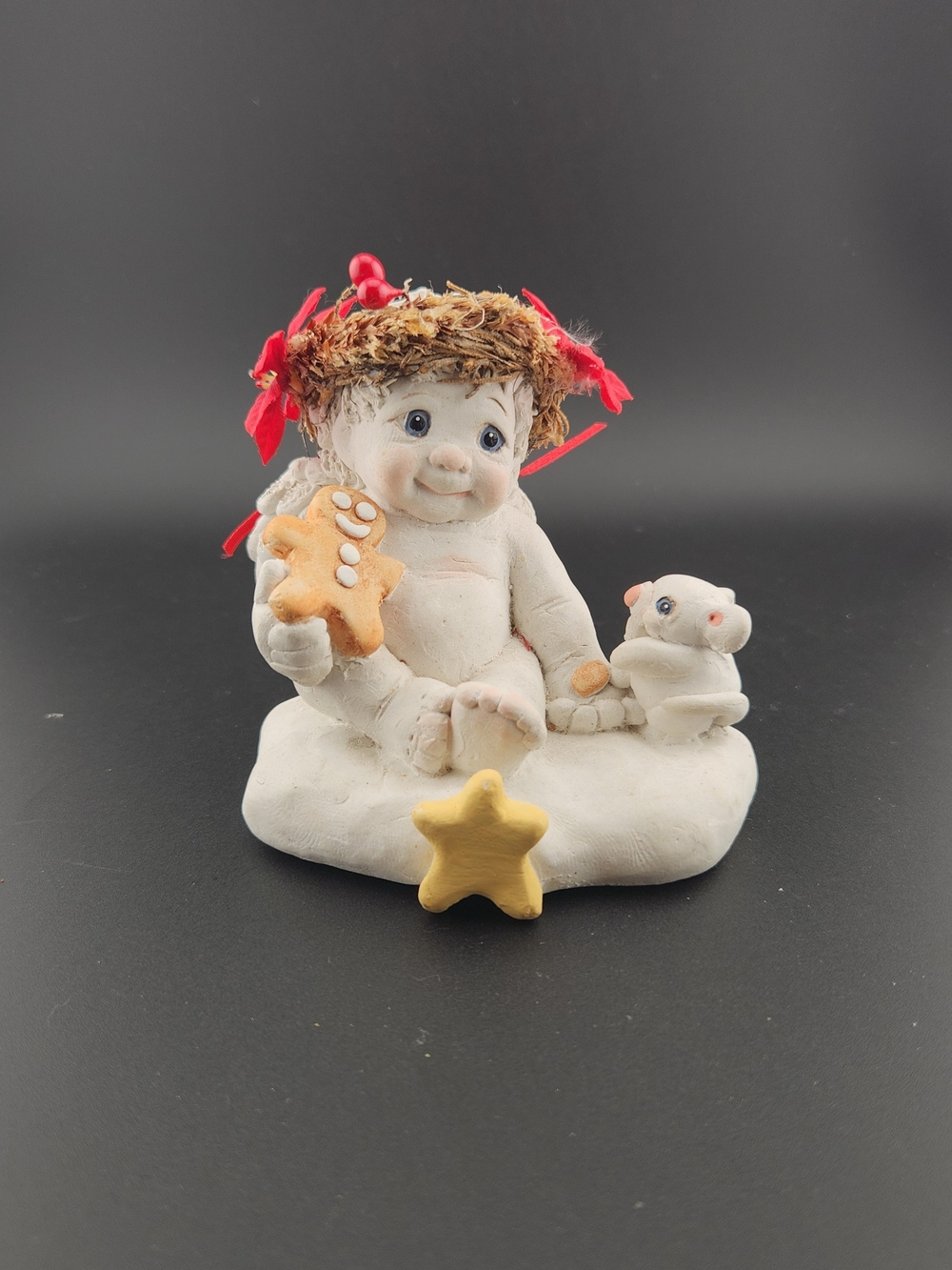 White Cherub Christmas Holiday w/Red Ribbon, Gingerbread Man and Yellow Star